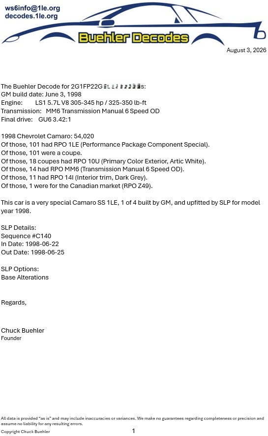 Example Buehler Decode report for 1998 Camaro SS 1LE