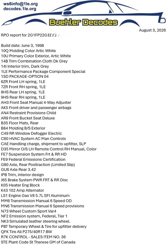 Example RPO list for 1998 Camaro SS 1LE